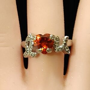 I♡U 925 Silver Ring Size 7 Orange Crystal Heart Cubic Encrusted I & U